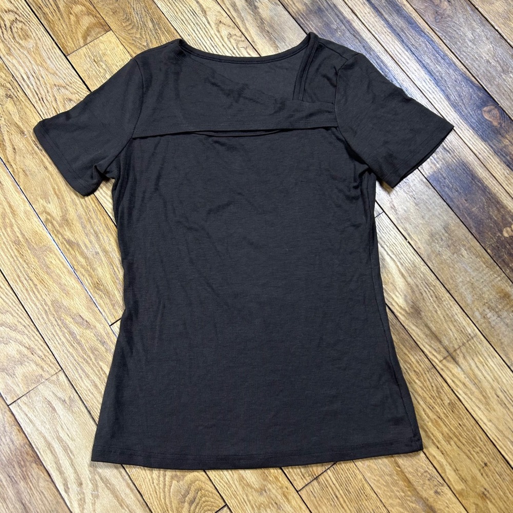 NEW Womens Brown Ribbed Asymmetrical Neck Short Sleeve‎ Top Size L